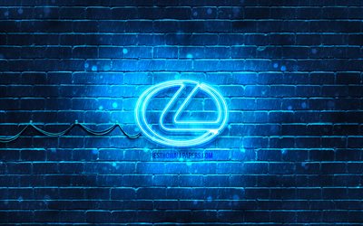 Lexus blue logo, 4k, blue brickwall, Lexus logo, cars brands, Lexus neon logo, Lexus