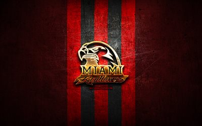 Miami RedHawks, golden logo, NCAA, red metal background, american football club, Miami RedHawks logo, american football, USA