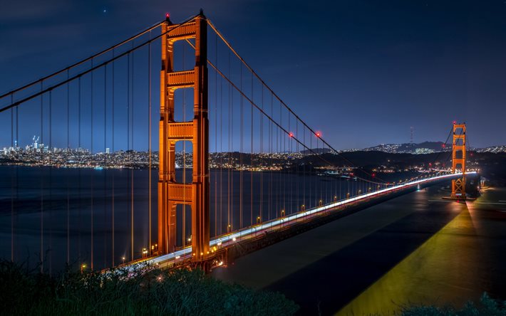 San Francisco, il Golden Gate Bridge, California, punto di riferimento, rosso, ponte sospeso, skyline di San Francisco, USA