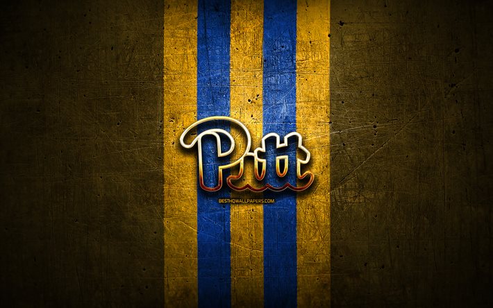 Pittsburgh Panthers, logo dorato, NCAA, giallo, metallo, sfondo, americano, football club, Pittsburgh Panthers logo, football americano, USA