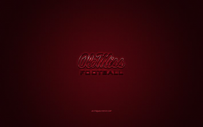 Ole Miss Rebels logo, club di football Americano, NCAA, logo rosso, rosso contesto in fibra di carbonio, football Americano, Oxford, Mississippi, USA, Ole Miss Rebels, Universit&#224; del Mississippi