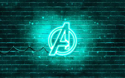 Avengers turquoise logo, 4k, turquoise brickwall, Avengers logo, superheroes, Avengers neon logo, Avengers