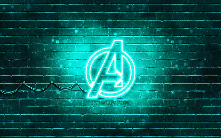 Avengers turkuaz logo, 4k, turkuaz brickwall, Yenilmezler logo, s&#252;per kahramanlar, Yenilmezler neon logo, Avengers