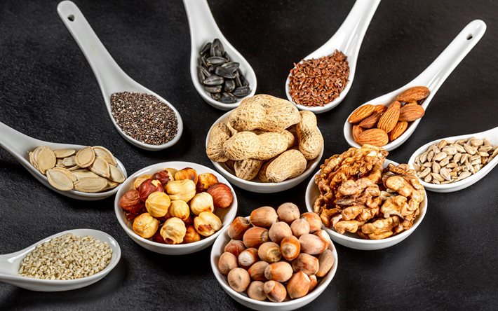 diferentes tipos de nueces, frutos secos en las cucharas, avellanas, nueces, semillas, nueces de conceptos, de avellana