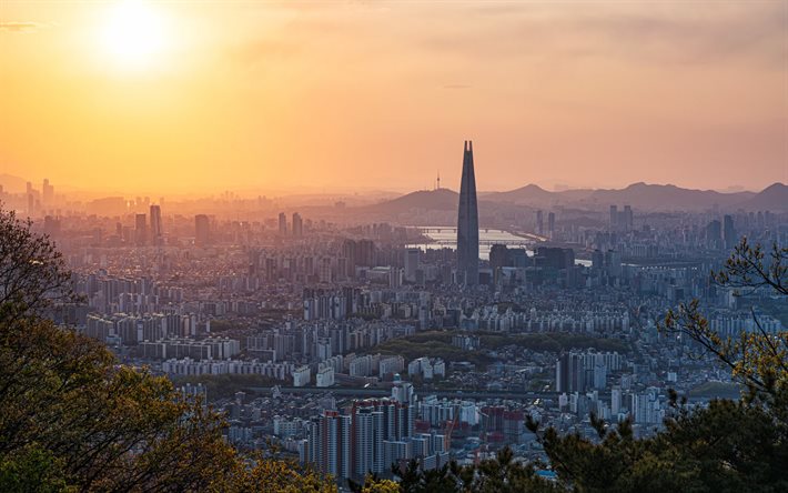 Lotte World Tower, Seul, noite, p&#244;r do sol, arranha-c&#233;us, paisagem urbana, Seul horizonte, Coreia Do Sul, Gyeonggi