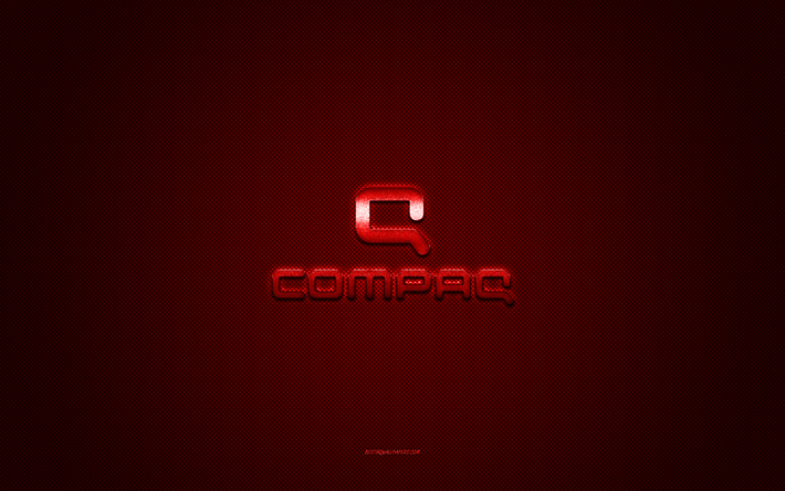 logo compaq, logo rouge brillant, embl&#232;me m&#233;tallique compaq, texture en fibre de carbone rouge, compaq, marques, art cr&#233;atif, embl&#232;me compaq