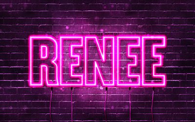 buon compleanno renee, 4k, luci al neon rosa, nome renee, creativo, renee buon compleanno, renee compleanno, nomi femminili francesi popolari, foto con nome renee, renee
