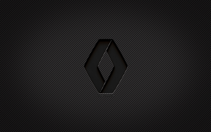 logo renault carbonio, 4k, grunge art, sfondo carbonio, creativo, logo nero renault, marchi automobilistici, logo renault, renault
