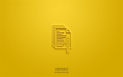 icono de contrato 3d, fondo amarillo, s&#237;mbolos 3d, contrato, iconos de negocios, iconos 3d, signo de contrato, iconos de negocios 3d