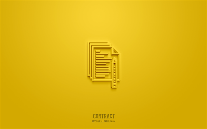 icono de contrato 3d, fondo amarillo, s&#237;mbolos 3d, contrato, iconos de negocios, iconos 3d, signo de contrato, iconos de negocios 3d