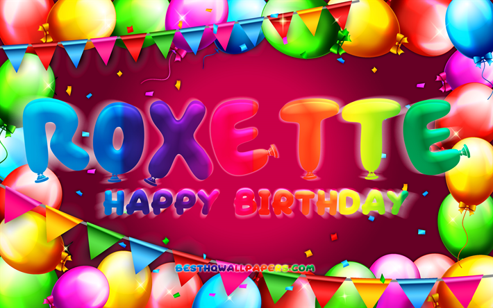 お誕生日おめでとうロクセット, chk, カラフルなバルーンフレーム, ロクセット名, 紫の背景, ロクセットお誕生日おめでとう, ロクセットの誕生日, 人気のメキシコの女性の名前, 誕生日のコンセプト, ロクセット