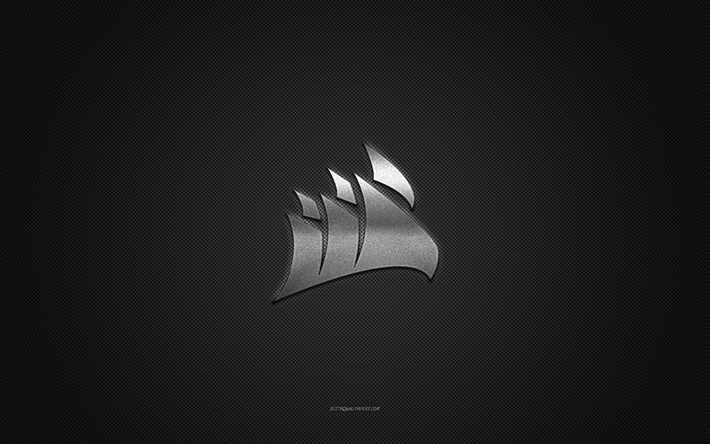 Corsair logo, silver shiny logo, Corsair metal emblem, gray carbon fiber texture, Corsair, brands, creative art, Corsair emblem
