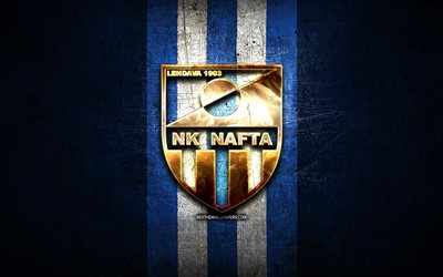 nafta fc, logo dorato, prva liga, blu sullo sfondo del metallo, calcio, club di calcio sloveno, nk nafta 1903 logo, slovenia, nk nafta 1903