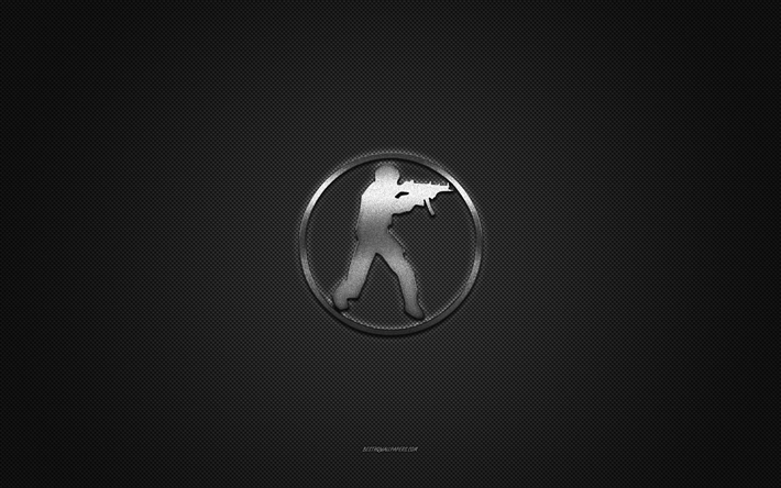Counter-Strike logo, silver shiny logo, Counter-Strike metal emblem, gray carbon fiber texture, Counter-Strike, brands, creative art, Counter-Strike emblem
