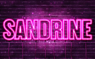 feliz cumplea&#241;os sandrine, 4k, luces de ne&#243;n de color rosa, nombre sandrine, creativo, cumplea&#241;os de sandrine, nombres femeninos franceses populares, imagen con nombre sandrine, sandrine