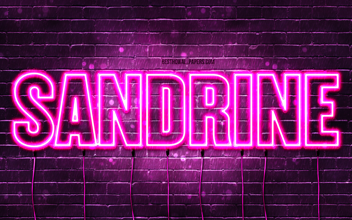 Happy Birthday Sandrine, 4k, pink neon lights, Sandrine name, creative, Sandrine Happy Birthday, Sandrine Birthday, popular french female names, picture with Sandrine name, Sandrine