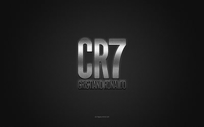 شعار cr7, فضية لامعة الشعار, شعار معدني cr7, نسيج من ألياف الكربون الرمادي, cr7, كريستيانو رونالدو, العلامات التجارية, فن إبداعي, شعار كريستيانو رونالدو