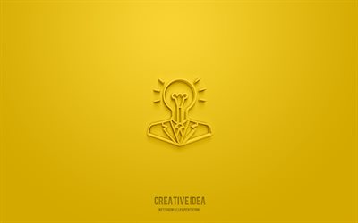 idea creativa icona 3d, sfondo giallo, simboli 3d, idea creativa, icone business, icone 3d, segno idea creativa, icone business 3d