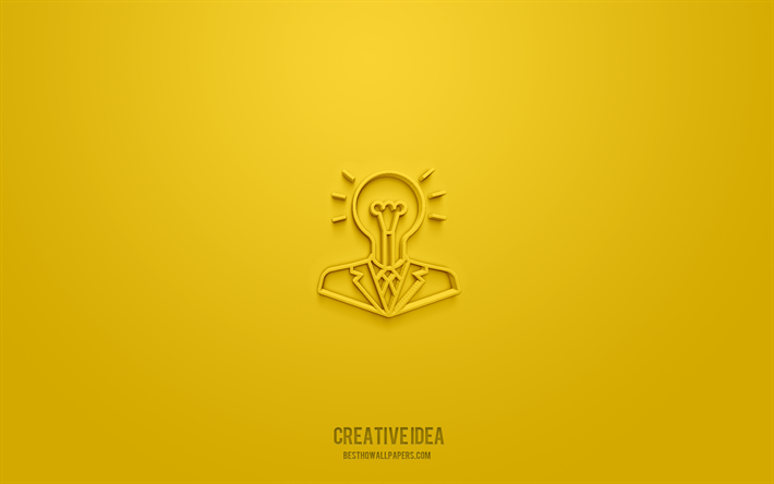 kreative idee 3d-symbol, gelber hintergrund, 3d-symbole, kreative idee, gesch&#228;ftssymbole, kreatives ideenschild, 3d-symbole f&#252;r unternehmen