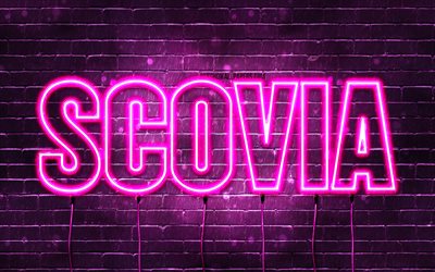 joyeux anniversaire scovia, 4k, rose n&#233;ons, nom scovia, cr&#233;atif, scovia joyeux anniversaire, scovia anniversaire, noms f&#233;minins fran&#231;ais populaires, image avec le nom scovia, scovia
