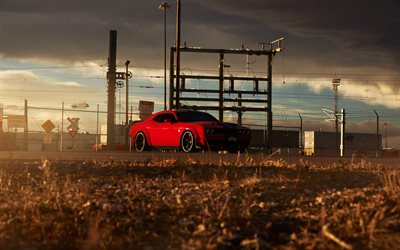 4k, Dodge Challenger SRT, front view, red supercar, red Challenger SRT, Dodge Challenger tuning, american sports cars, Dodge