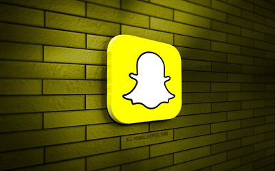 snapchat 3d-logo, 4k, gelbe ziegelwand, kreativ, soziale netzwerke, snapchat-logo, 3d-kunst, snapchat