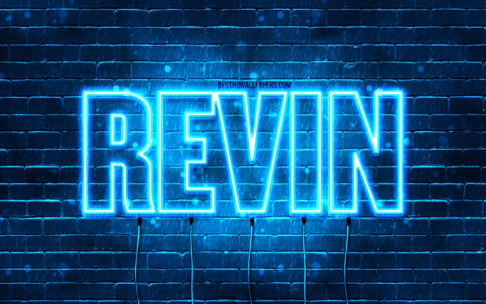 Happy Birthday Revin, 4k, blue neon lights, Revin name, creative, Revin Happy Birthday, Revin Birthday, popular french male names, picture with Revin name, Revin
