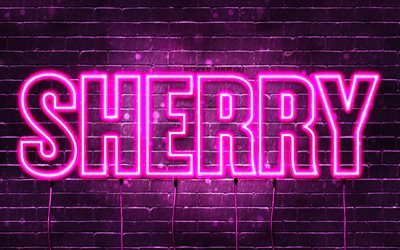 grattis p&#229; f&#246;delsedagen sherry, 4k, rosa neonljus, sherry namn, kreativ, sherry grattis p&#229; f&#246;delsedagen, sherry birthday, popul&#228;ra franska kvinnonamn, bild med sherry namn, sherry