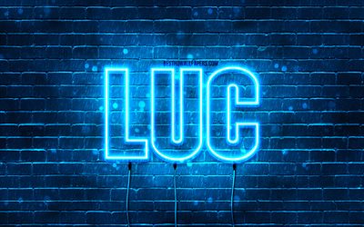 Happy Birthday Luc, 4k, blue neon lights, Luc name, creative, Luc Happy Birthday, Luc Birthday, popular french male names, picture with Luc name, Luc