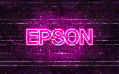 Epson purple logo, 4k, purple neon lights, creative, purple abstract background, Epson logo, brands, Epson