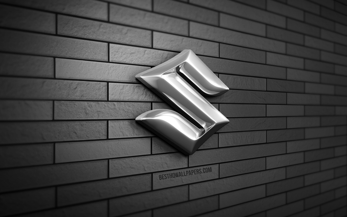 Suzuki 3D logo, 4K, gray brickwall, creative, cars brands, Suzuki logo, Suzuki metal logo, 3D art, Suzuki