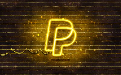 logo giallo paypal, 4k, muro di mattoni giallo, logo paypal, sistemi di pagamento, logo neon paypal, paypal