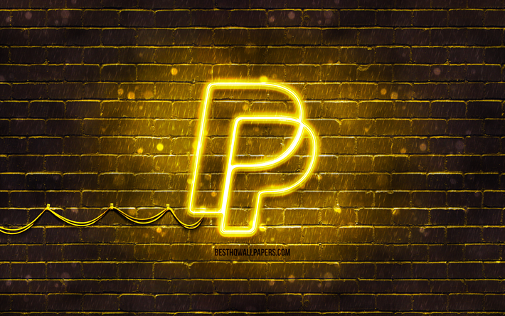 paypal keltainen logo, 4k, keltainen tiilisein&#228;, paypal-logo, maksuj&#228;rjestelm&#228;t, paypal neon logo, paypal