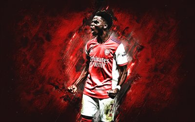 Bukayo Saka, Arsenal FC, English football player, red stone background, Premier League, England, grunge art, football