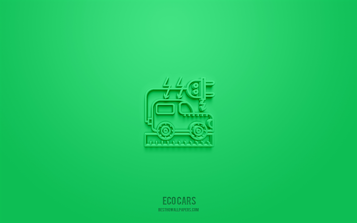 eco cars 3d-symbol, gr&#252;ner hintergrund, 3d-symbole, eco cars, &#246;kologie-symbole, eco cars-zeichen, &#246;kologie-3d-symbole