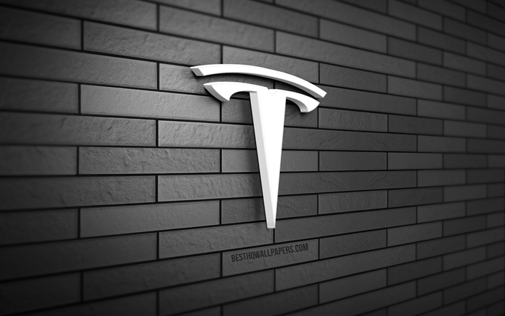 Tesla 3D logo, 4K, gray brickwall, creative, cars brands, Tesla logo, Tesla metal logo, 3D art, Tesla