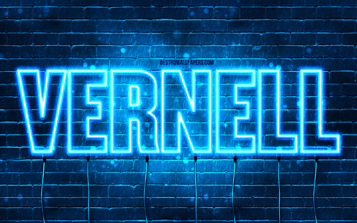 feliz anivers&#225;rio vernell, 4k, luzes de neon azuis, vernell nome, criativo, vernell feliz anivers&#225;rio, vernell anivers&#225;rio, nomes masculinos franceses populares, imagem com nome de vernell, vernell