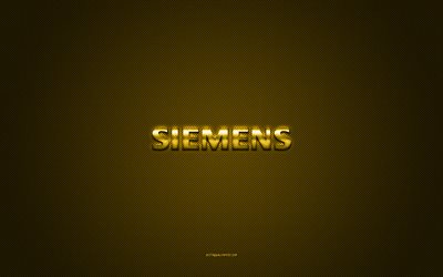 Siemens logo, yellow shiny logo, Siemens metal emblem, yellow carbon fiber texture, Siemens, brands, creative art, Siemens emblem