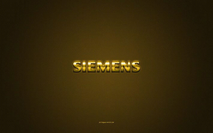 Siemens logo, yellow shiny logo, Siemens metal emblem, yellow carbon fiber texture, Siemens, brands, creative art, Siemens emblem