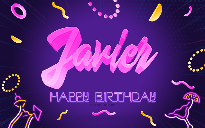 joyeux anniversaire javier, 4k, purple party background, javier, art cr&#233;atif, javier nom, javier anniversaire, f&#234;te d anniversaire fond