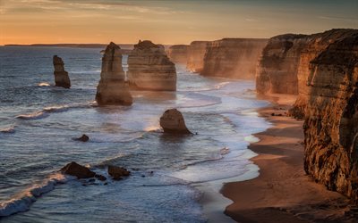 4k, The Twelve Apostles, Victoria, evening, sunset, ocean, rocks, Port Campbell National Park, Australia