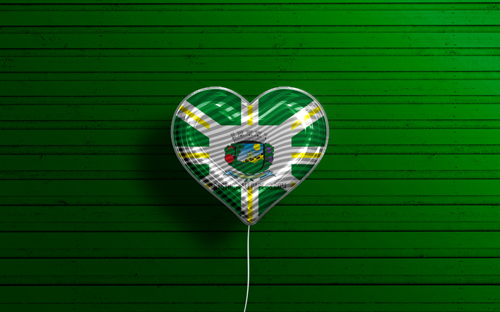 ヴァリーニョスが大好き, chk, リアルな風船, 緑の木製の背景, ヴァリーニョスの日, ブラジルの都市, ヴァリーニョスの旗, ブラジル, 旗が付いている気球, ヴァリーニョス