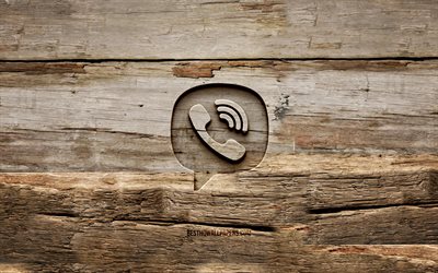 logotipo de madera de viber, 4k, fondos de madera, redes sociales, logotipo de viber, creativo, talla de madera, viber