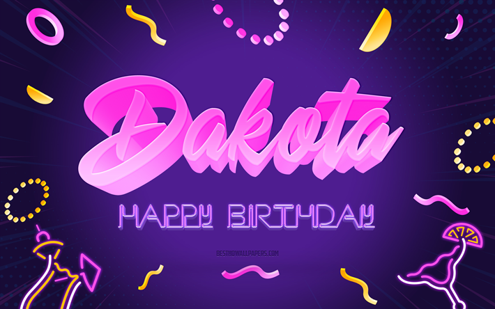 Happy Birthday Dakota, 4k, Purple Party Background, Dakota, creative art, Happy Dakota birthday, Dakota name, Dakota Birthday, Birthday Party Background