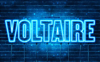 Happy Birthday Voltaire, 4k, blue neon lights, Voltaire name, creative, Voltaire Happy Birthday, Voltaire Birthday, popular french male names, picture with Voltaire name, Voltaire