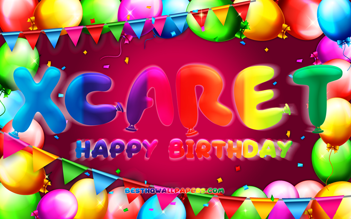 Happy Birthday Xcaret, 4k, colorful balloon frame, Xcaret name, purple background, Xcaret Happy Birthday, Xcaret Birthday, popular mexican female names, Birthday concept, Xcaret
