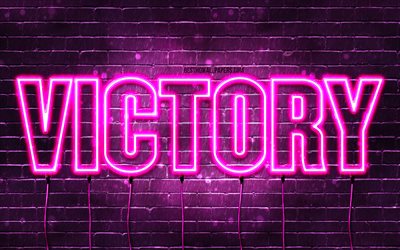 Happy Birthday Victory, 4k, pink neon lights, Victory name, creative, Victory Happy Birthday, Victory Birthday, popular french female names, picture with Victory name, Victory