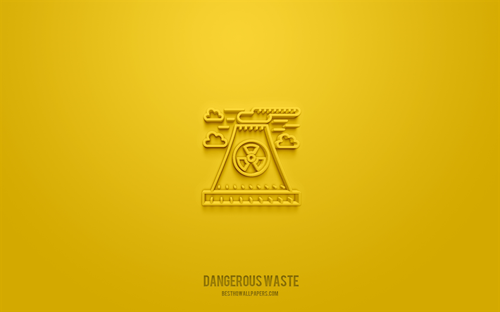 有害廃棄物の3dアイコン, 黄色の背景, 3dシンボル, 有害廃棄物, エコロジーアイコン, 3dアイコン, 危険廃棄物の兆候, エコロジー3dアイコン