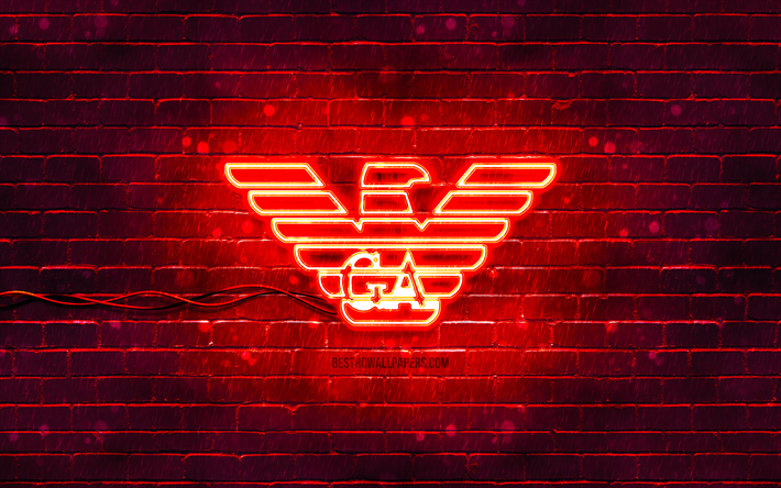 logo armani rosso, 4k, muro di mattoni rosso, logo armani, marchi, logo armani neon, armani