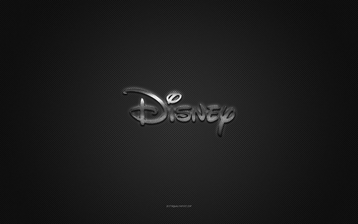 Disney logo, silver shiny logo, Disney metal emblem, gray carbon fiber texture, Disney, brands, creative art, Disney emblem